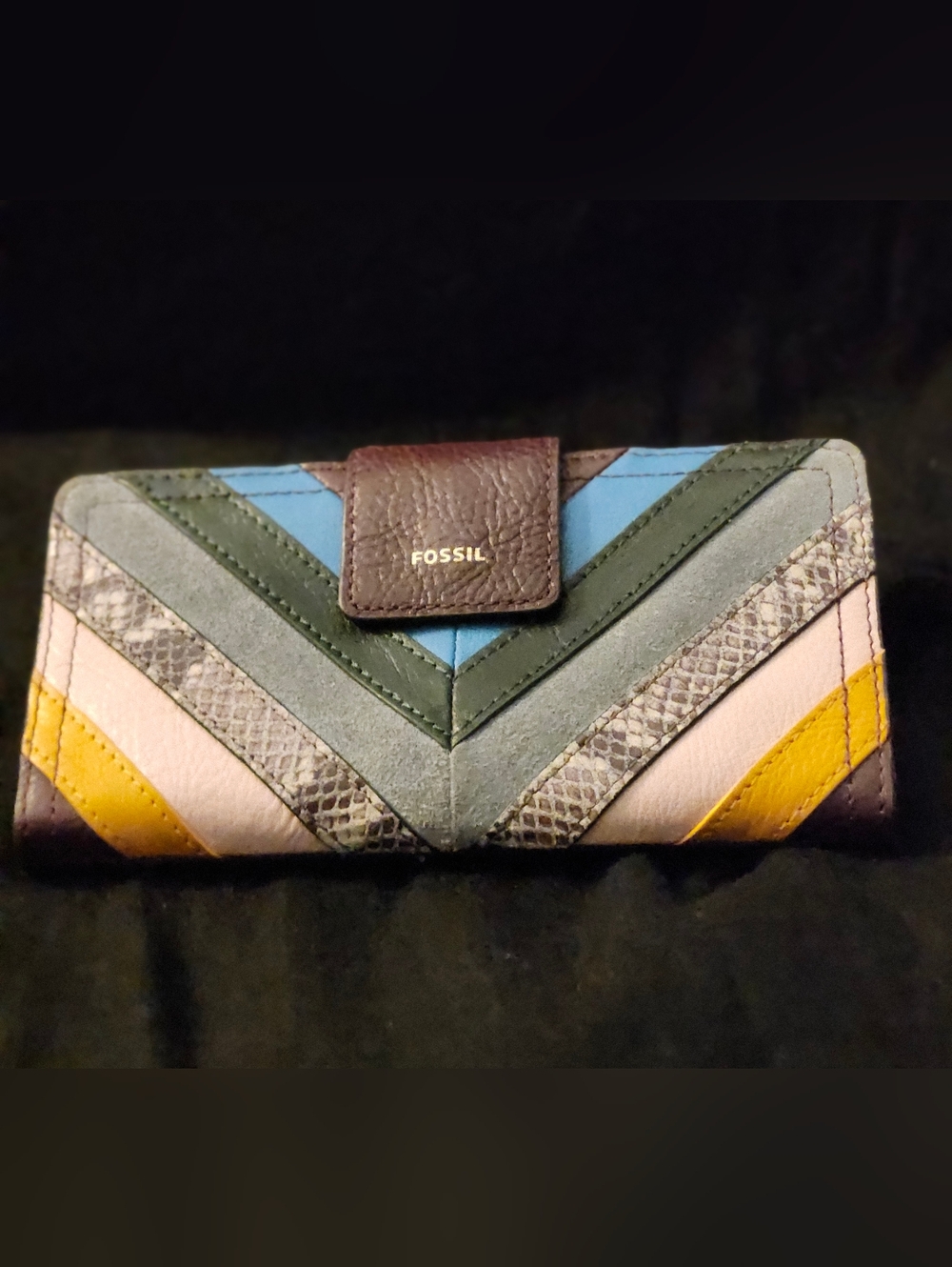 Fossil Chevron Patchwork Leather Wallet In Marron Multicolor
